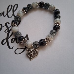Silver Heart Charm Black & White Beaded Stretch Bracelet